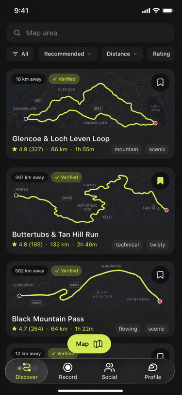 Venture discovery screen showing community-recommended motorcycle routes
