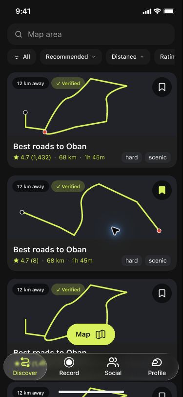 Venture discovery screen showing community-recommended motorcycle routes