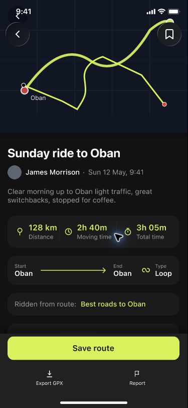 Venture ride summary with map, route details, distance and duration