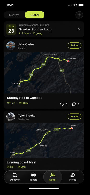Venture Global social feed showing the upcoming Sunday Sunrise Loop and mapped Scottish ride posts