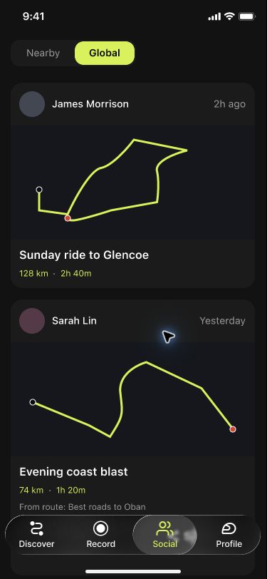 Venture social feed showing motorcycle ride posts and mapped routes