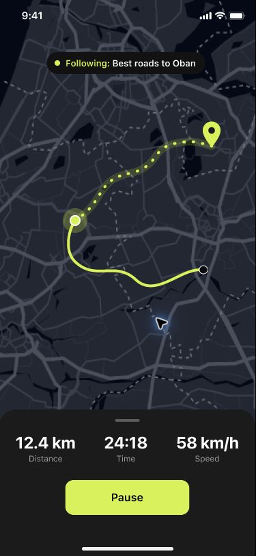 Venture live ride tracking screen showing a mapped route and ride statistics